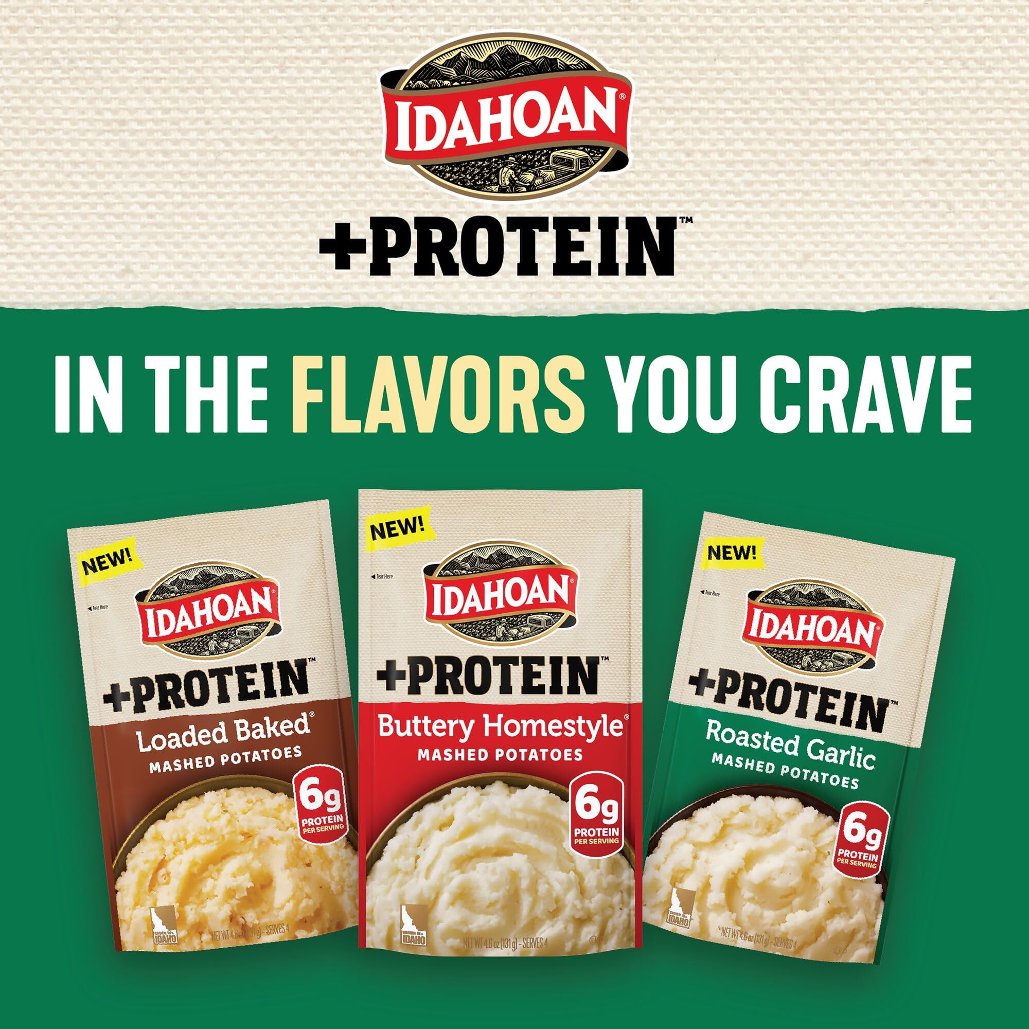 Idahoan Roasted Garlic +Protein Mashed Potatoes 10-pack display.