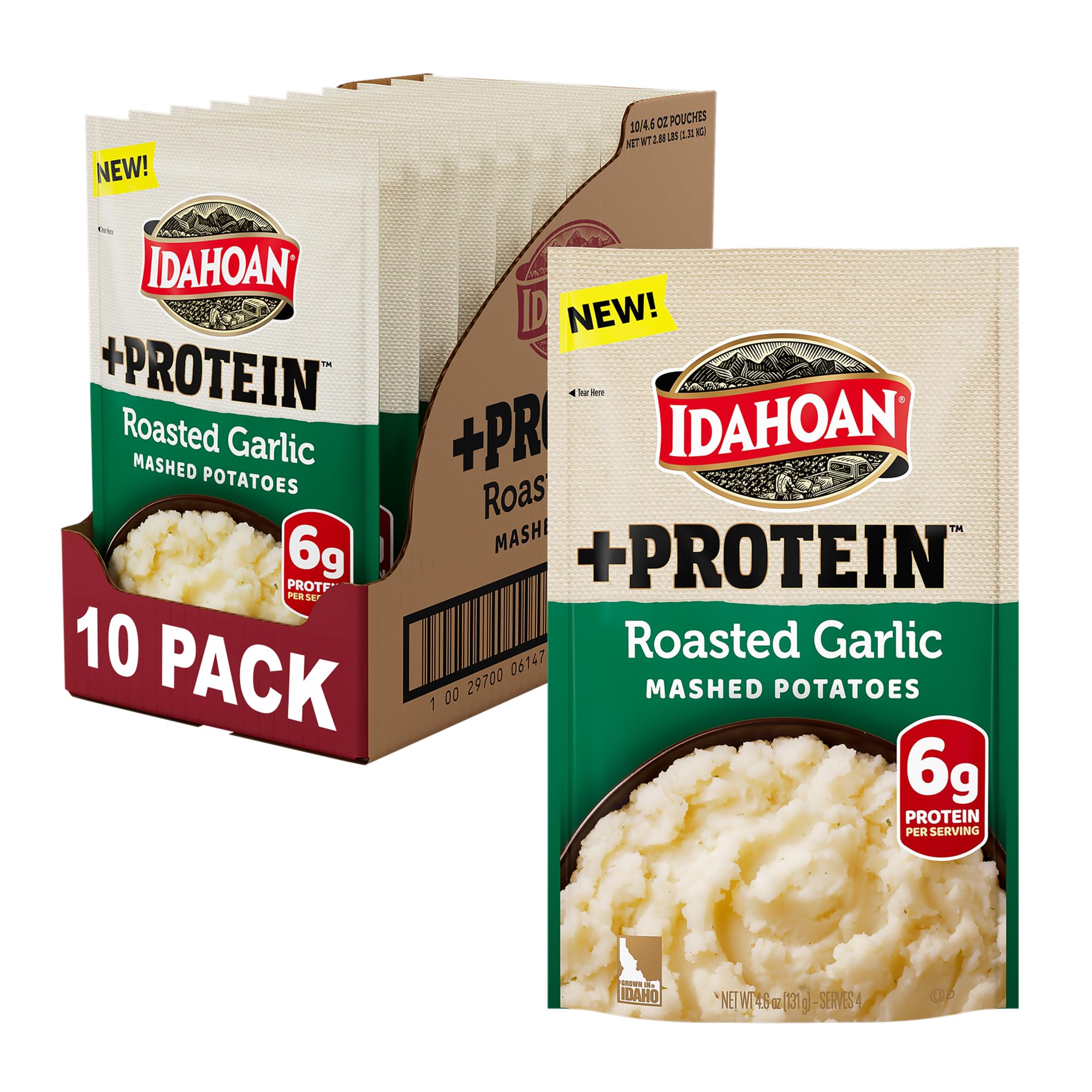 Idahoan Roasted Garlic +Protein Mashed Potatoes packaging highlighting a quick, protein-rich side.