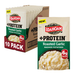 Idahoan Roasted Garlic +Protein Mashed Potatoes packaging highlighting a quick, protein-rich side.