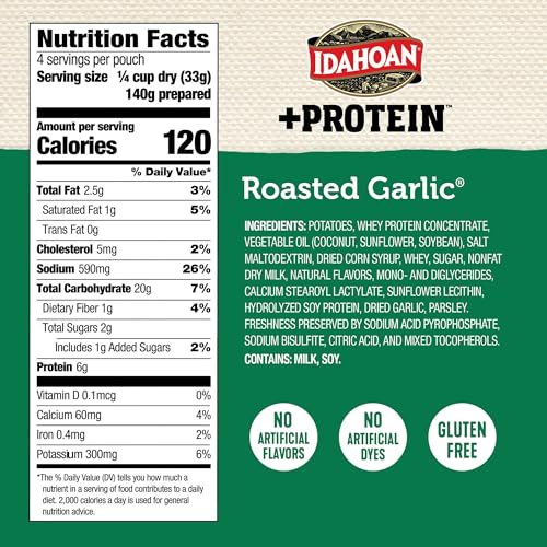Idahoan Roasted Garlic +Protein Mashed Potatoes pouch ready to prepare.