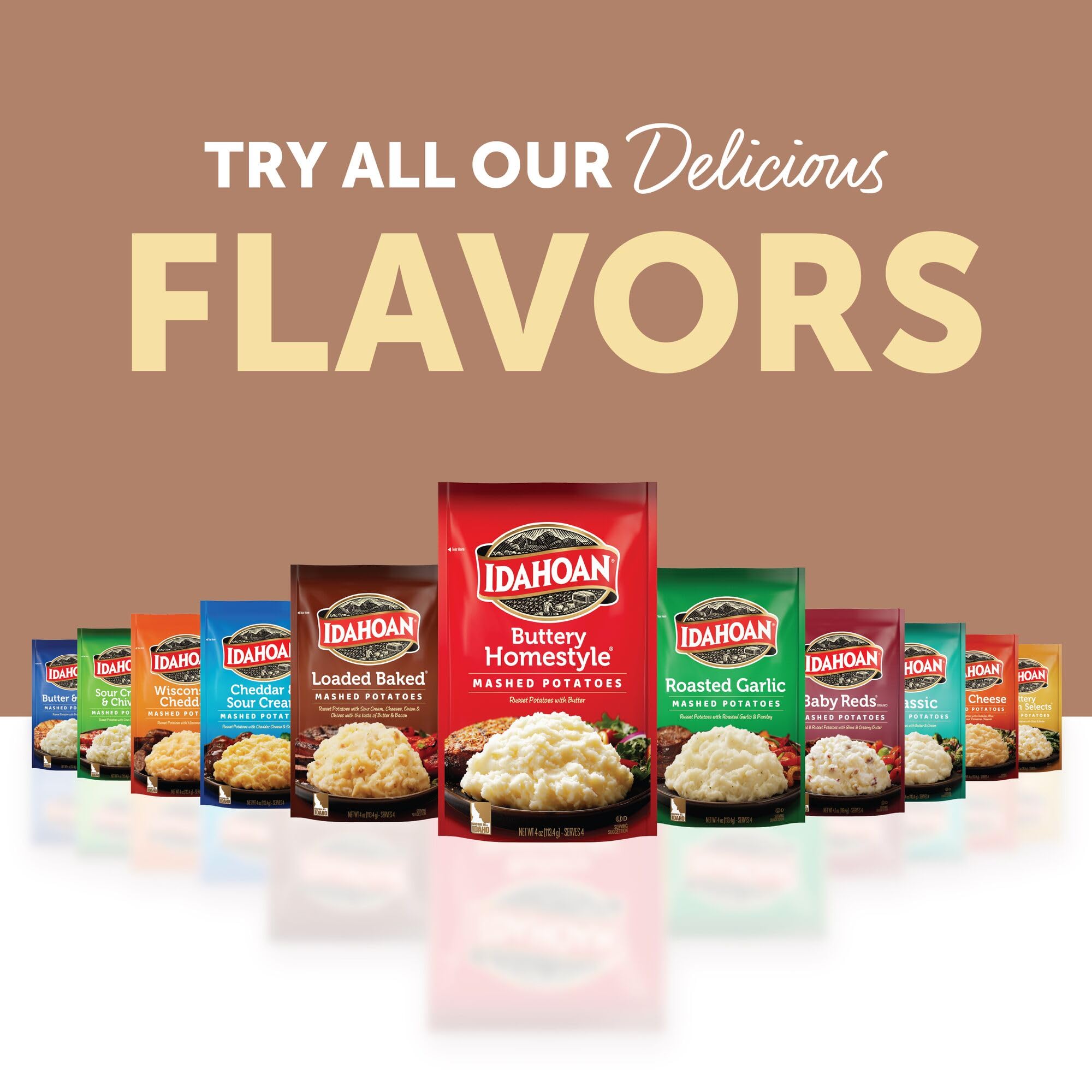 Idahoan Smokey Cheese & Bacon Mashed Potatoes family dinner scene conveys quick, comforting side