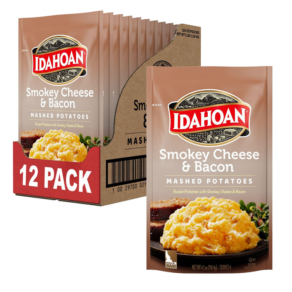 Idahoan Smokey Cheese & Bacon Mashed Potatoes front packaging highlights quick, convenient pouches