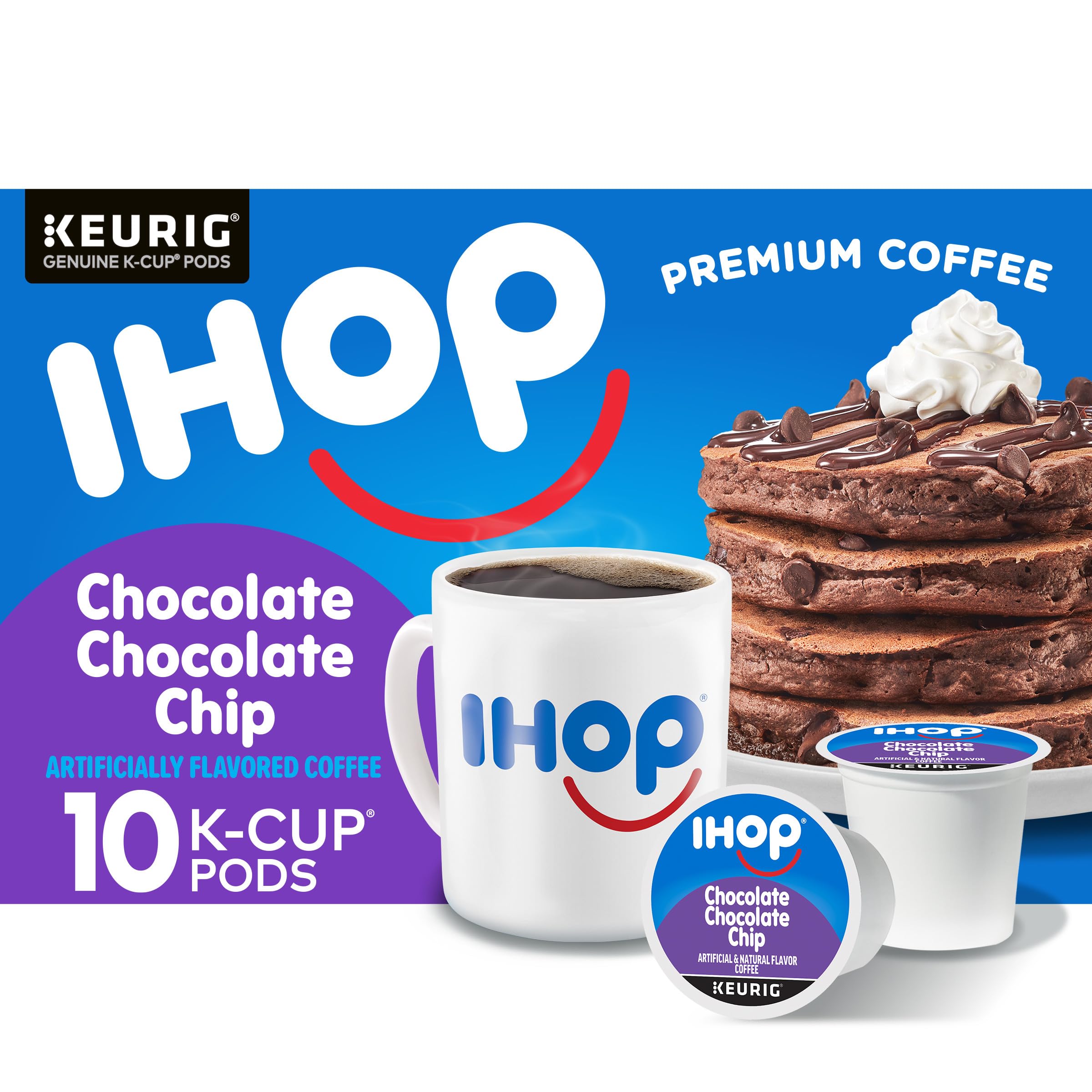 IHOP Chocolate Chocolate Chip K-Cup pods in a box for convenient home brewing.
