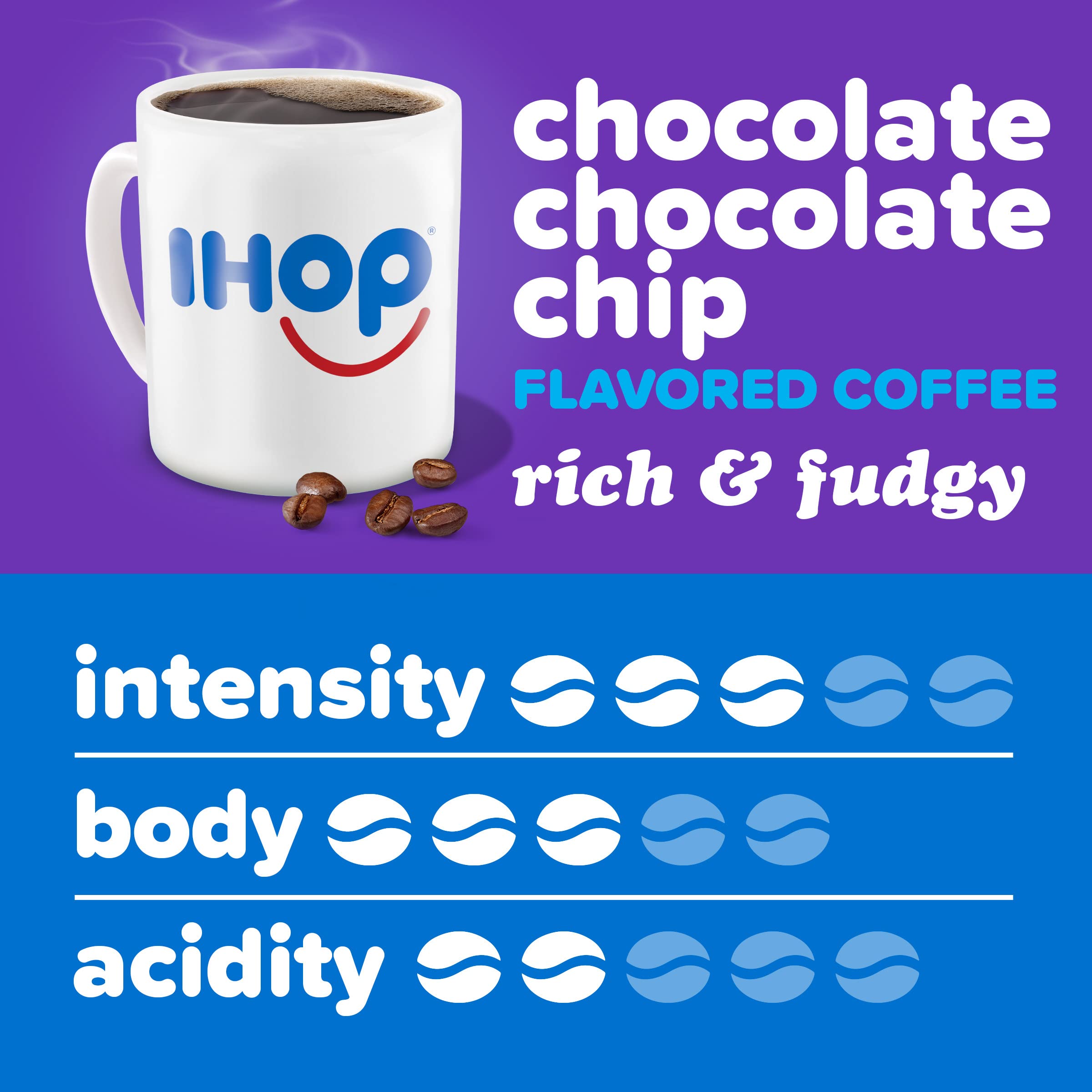 Steaming mug beside IHOP coffee and a single K-Cup pod.