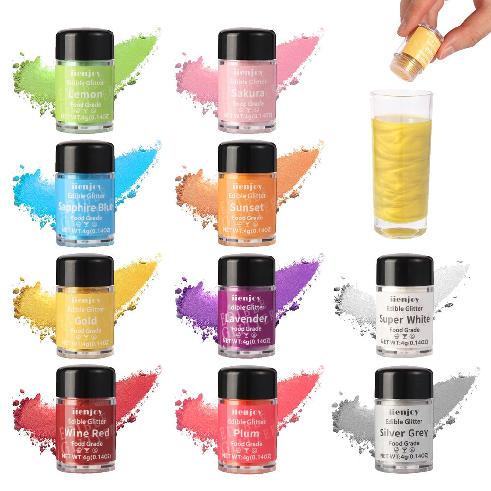 iienjoy edible glitter 10-color set shown for versatile dessert and drink decoration