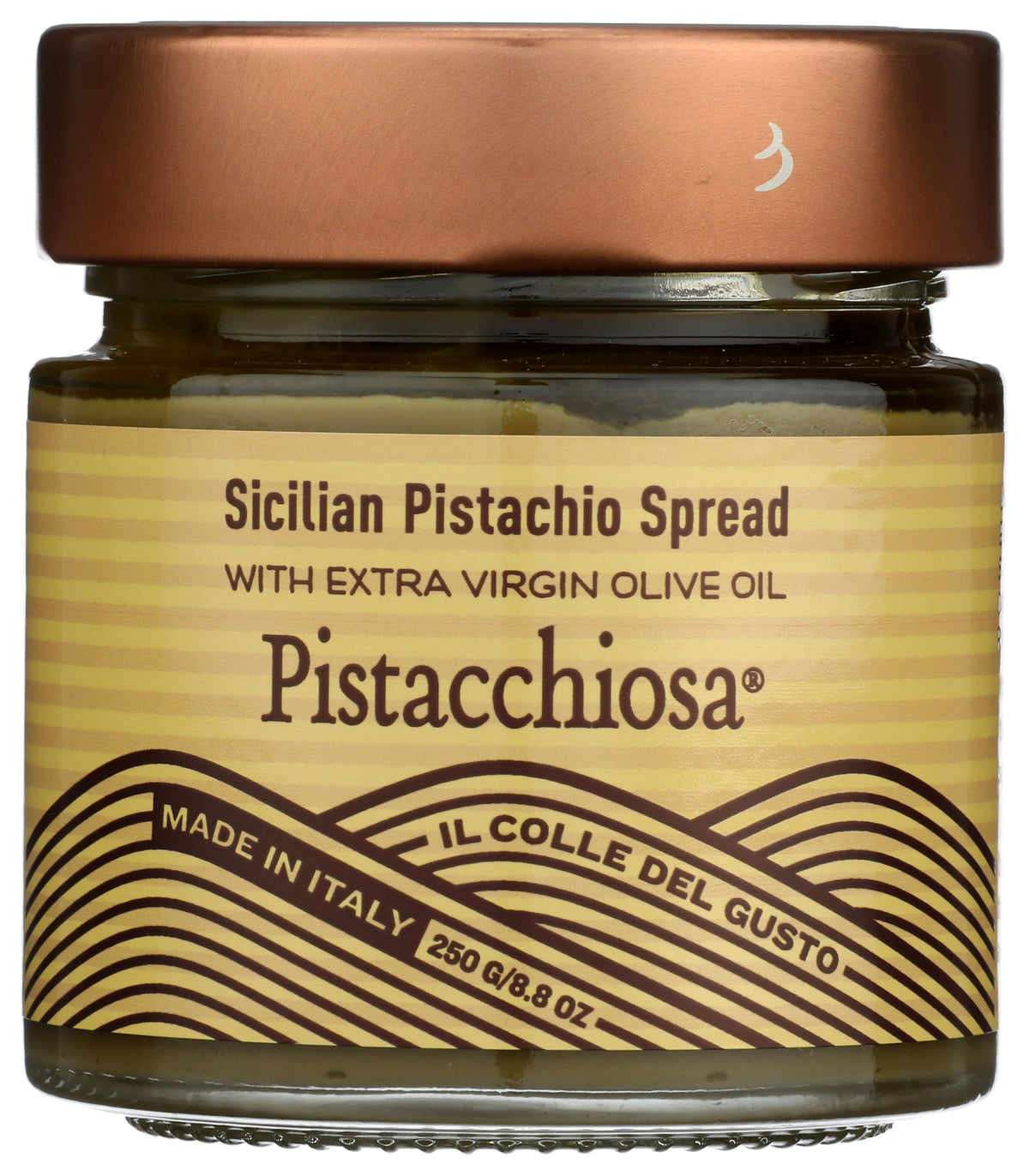 Il Colle Del Gusto Pistacchiosa jar with glossy olive oil sheen and smooth texture.