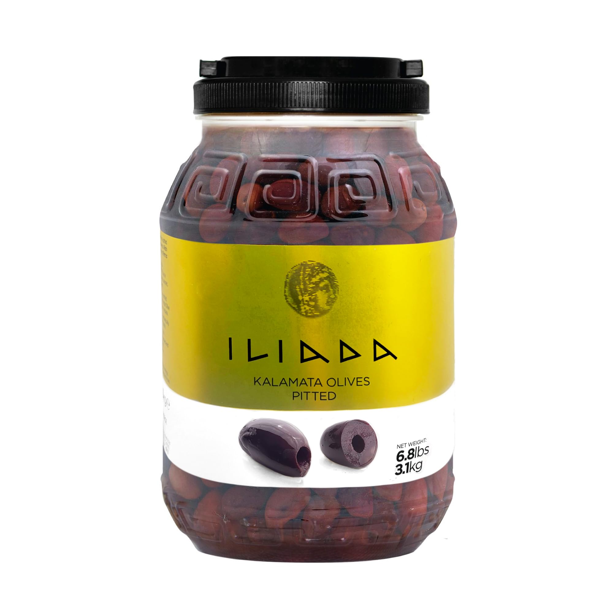 Iliada Kalamata olives in brine jar, rich aroma for salads.