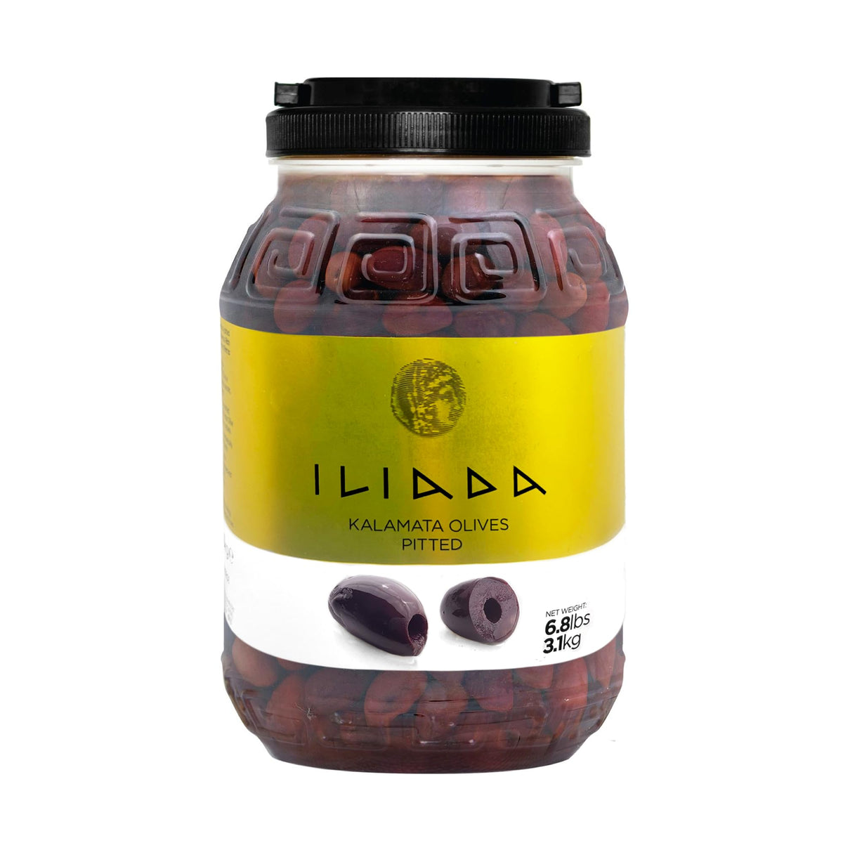 Iliada Kalamata olives in brine jar, rich aroma for salads.