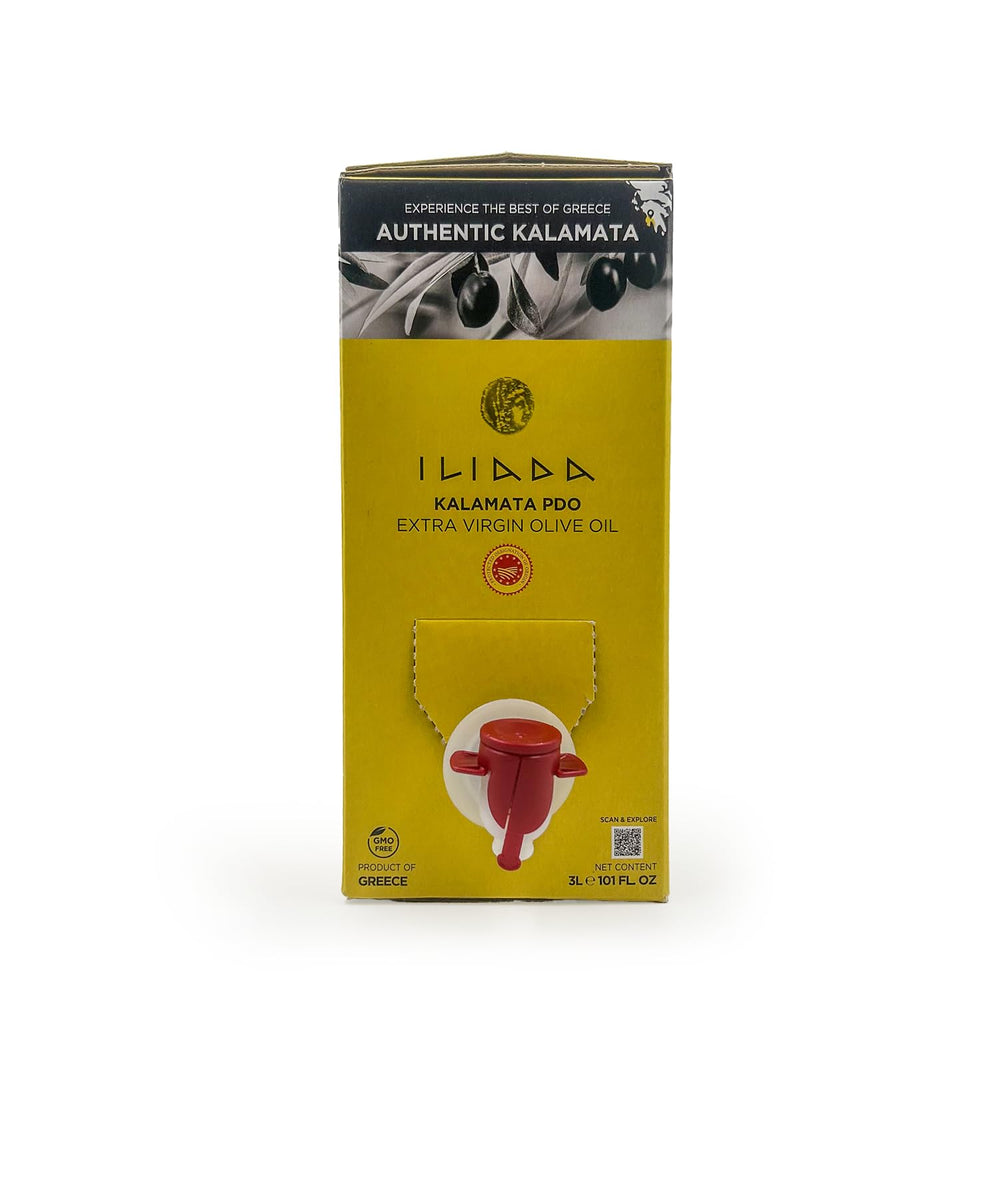Iliada Kalamata PDO EVOO bag-in-box pouring for precise, fresh cooking
