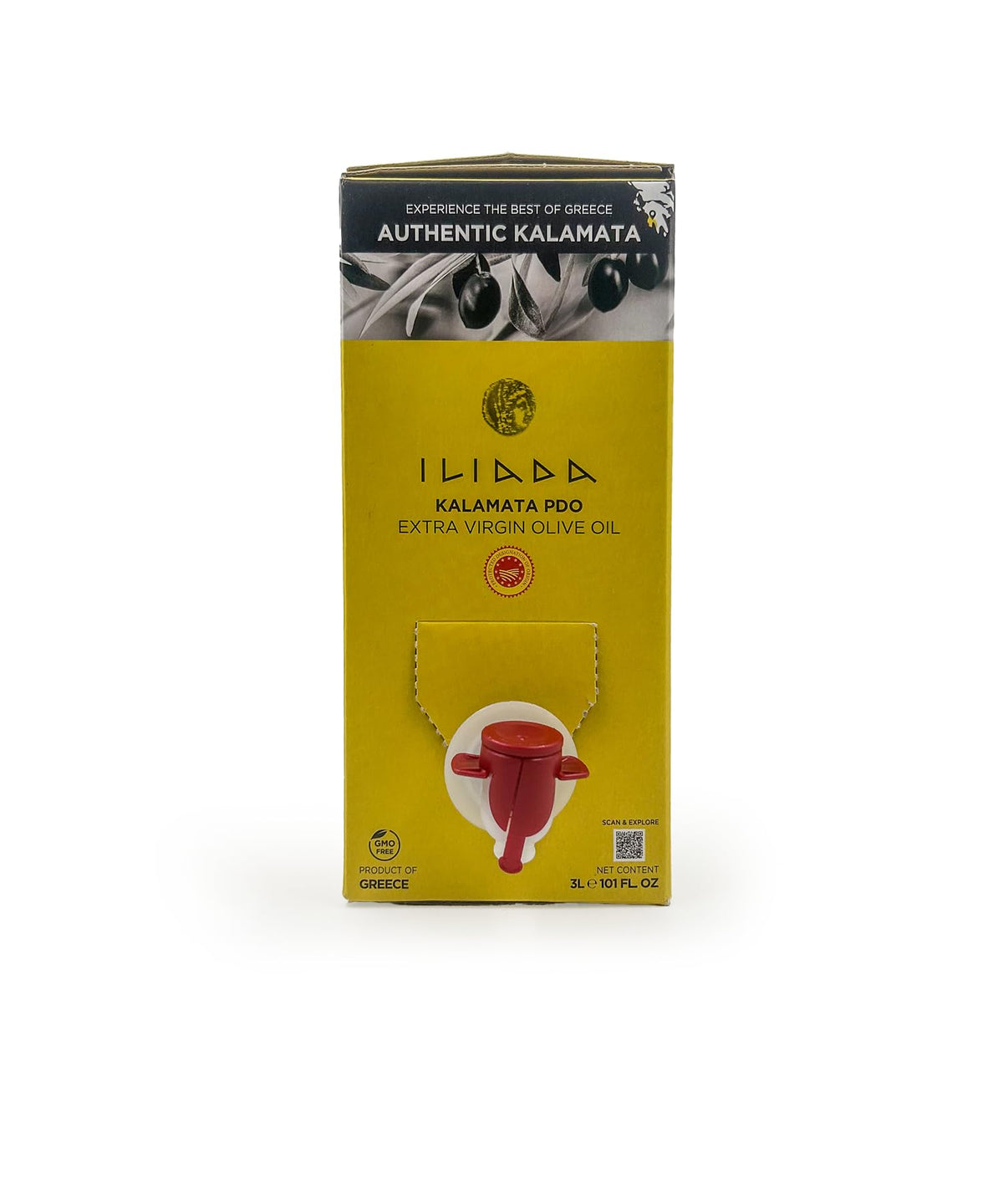 Iliada Kalamata PDO EVOO bag-in-box pouring for precise, fresh cooking