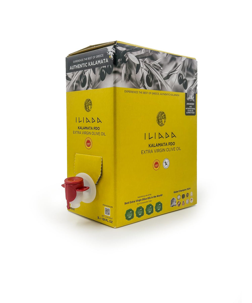 Iliada Kalamata PDO EVOO batch-number label confirms harvest traceability