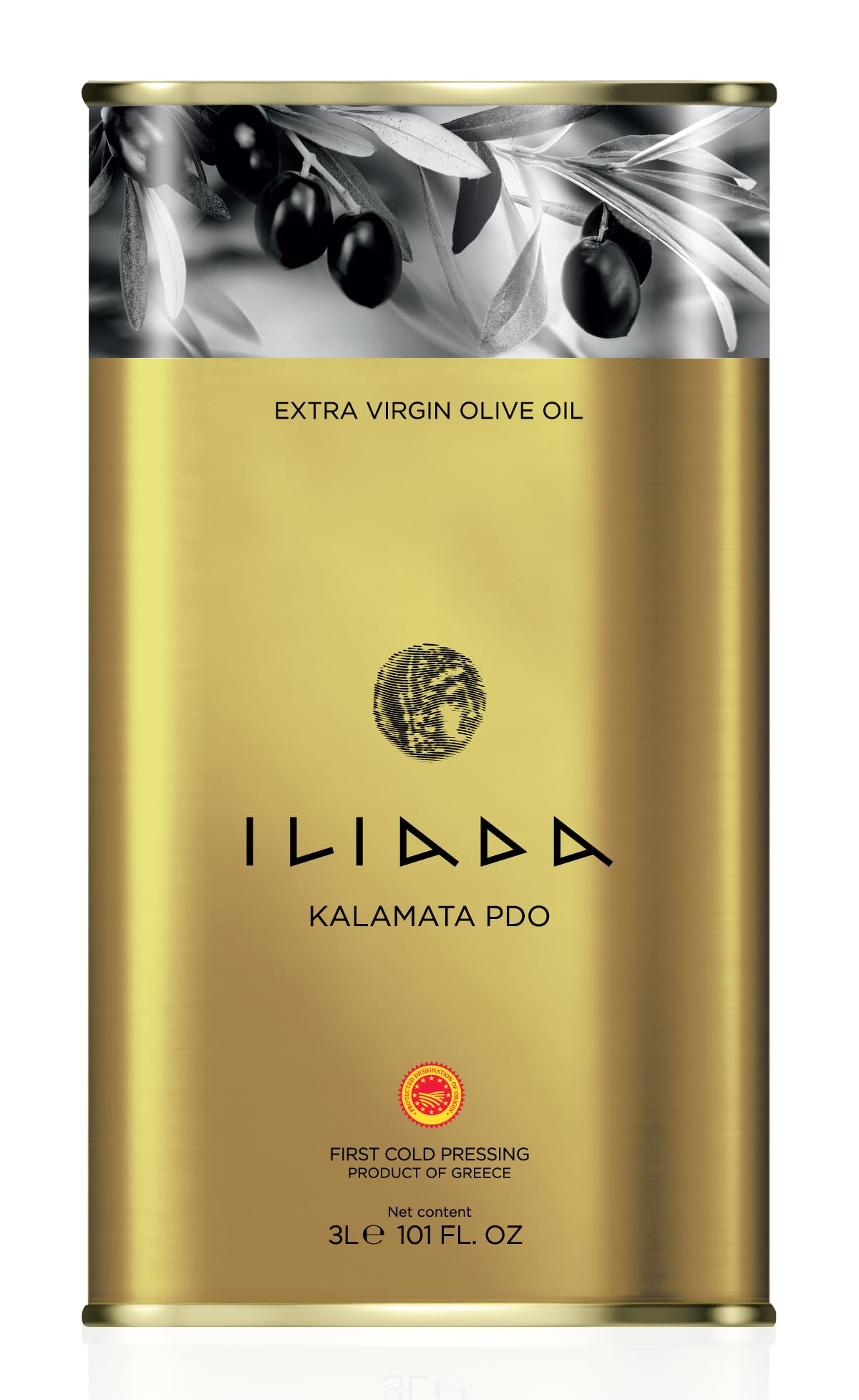 Iliada Kalamata PDO olive oil bottle; premium 3L packaging for everyday cooking.