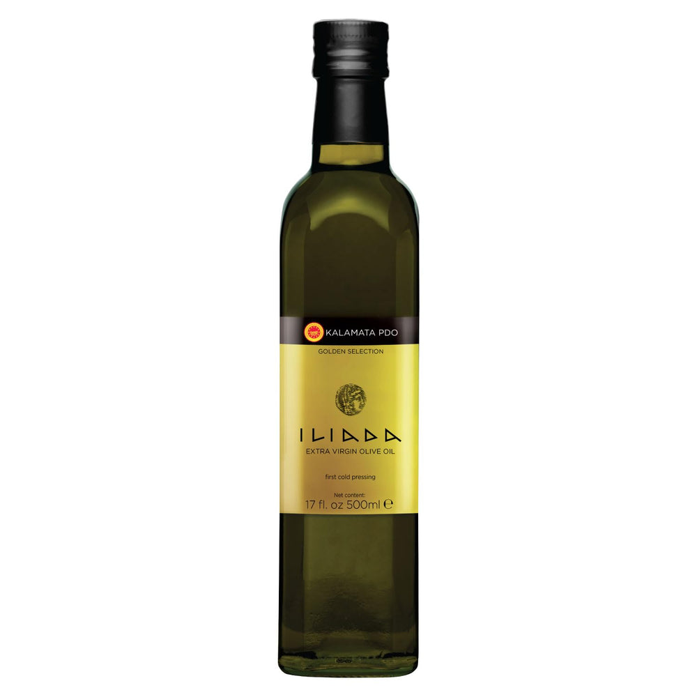 Iliada Kalamata PDO olive oil bottle ready for cooking and finishing.