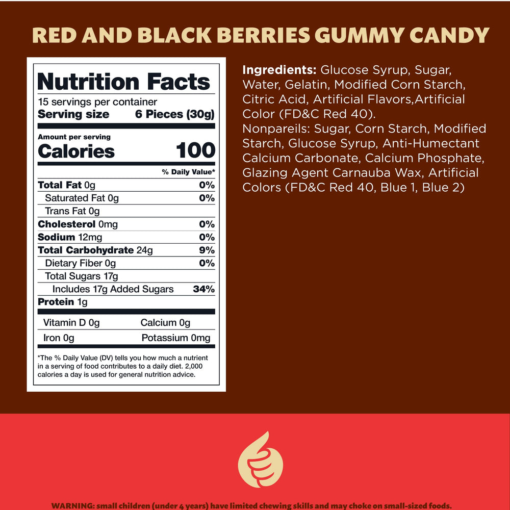 ILIKE! Berries Gummy Candy bag back view, shows color mix for dessert tables.