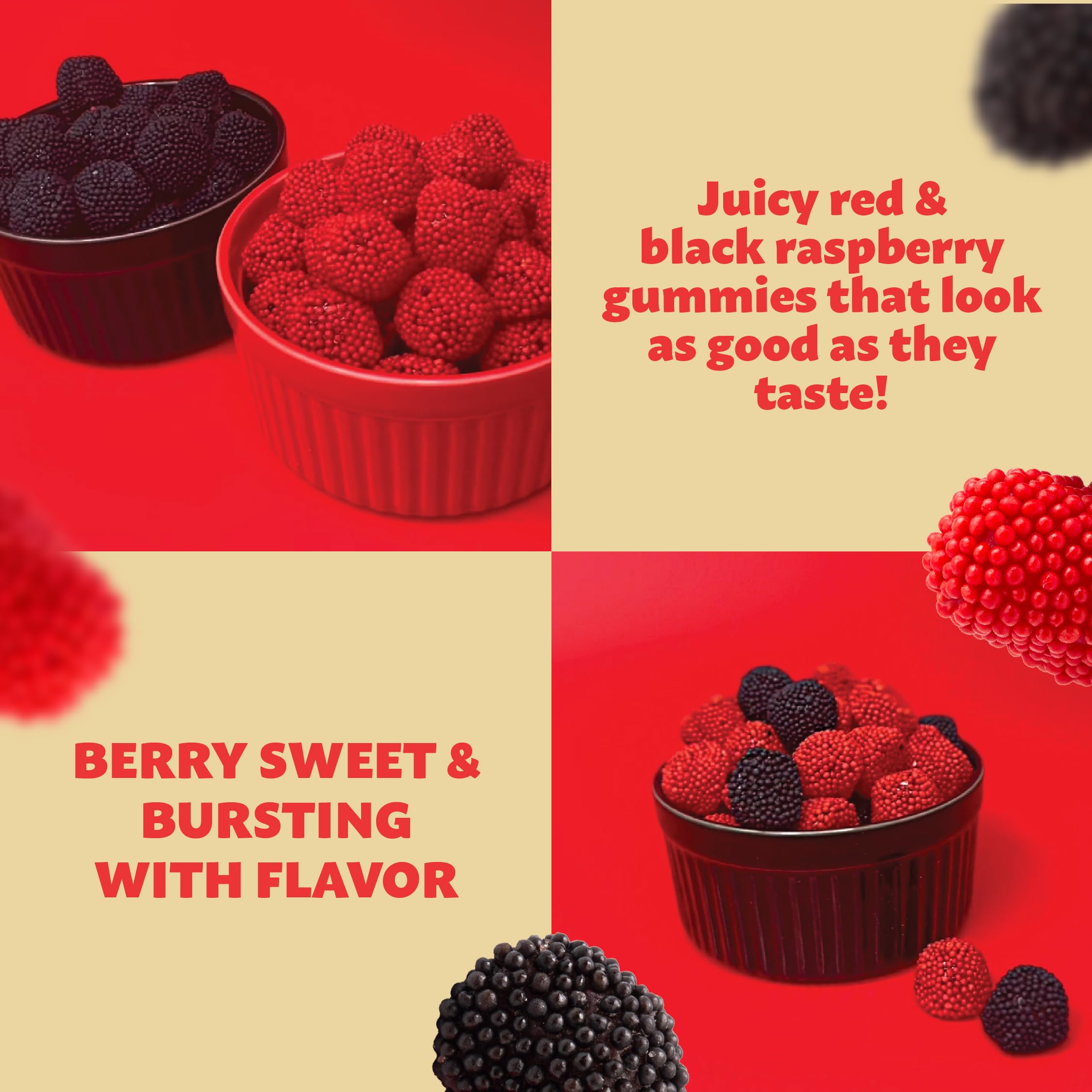 ILIKE! Berries Gummy Candy on a dessert table setup for color and texture.