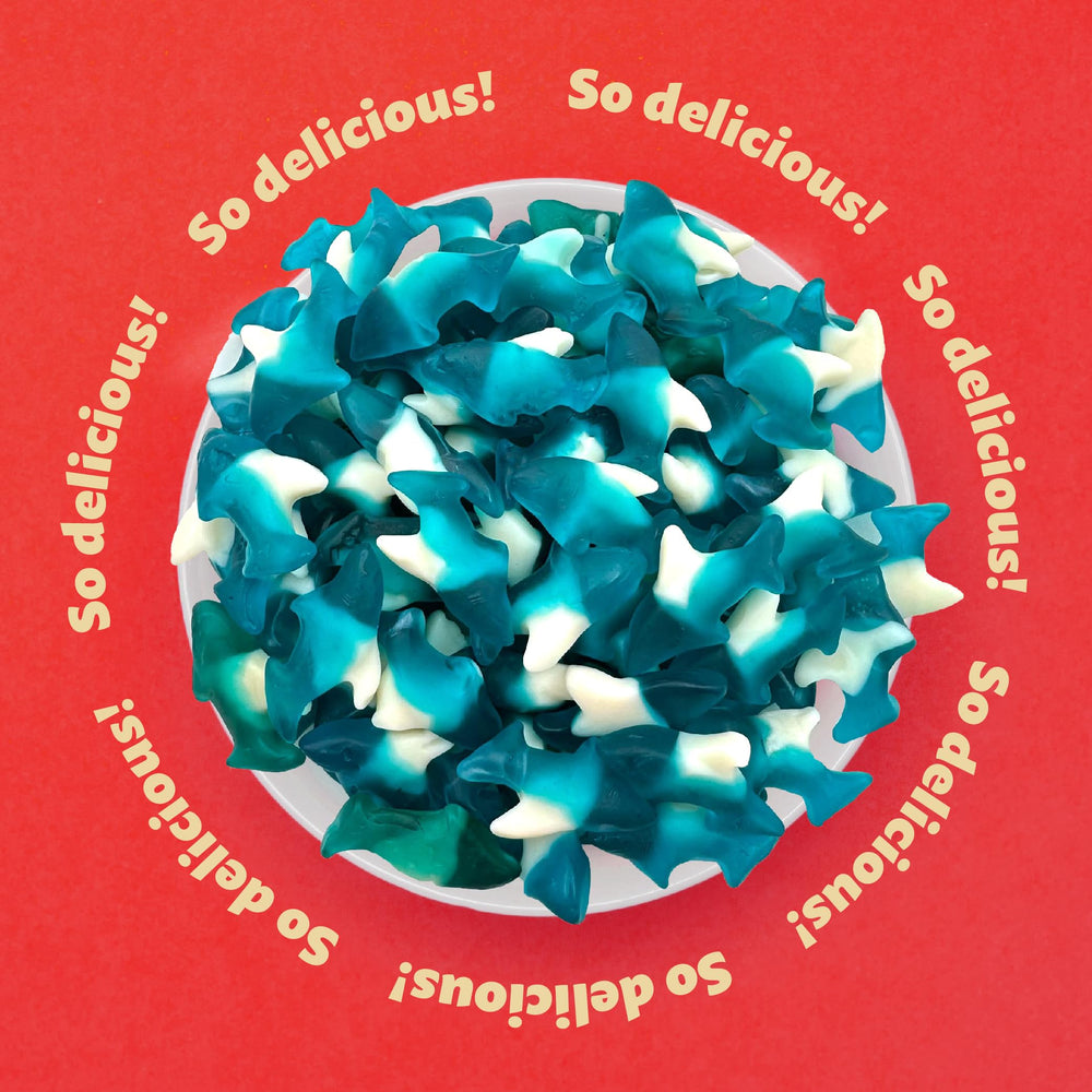 ILIKE! Blue Sharks Gummy Lunchbox Snack, chewy sharks travel-friendly sweet treat.