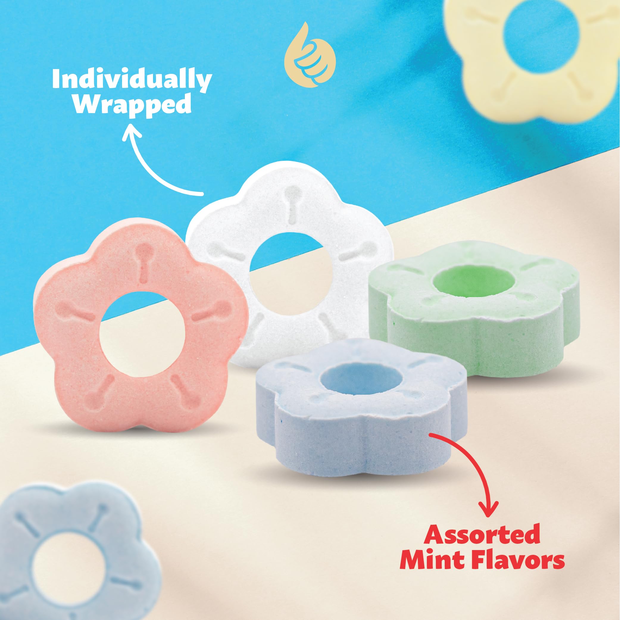ILIKE! Flower-shaped mints green grape; vibrant flavor for fresh breath.