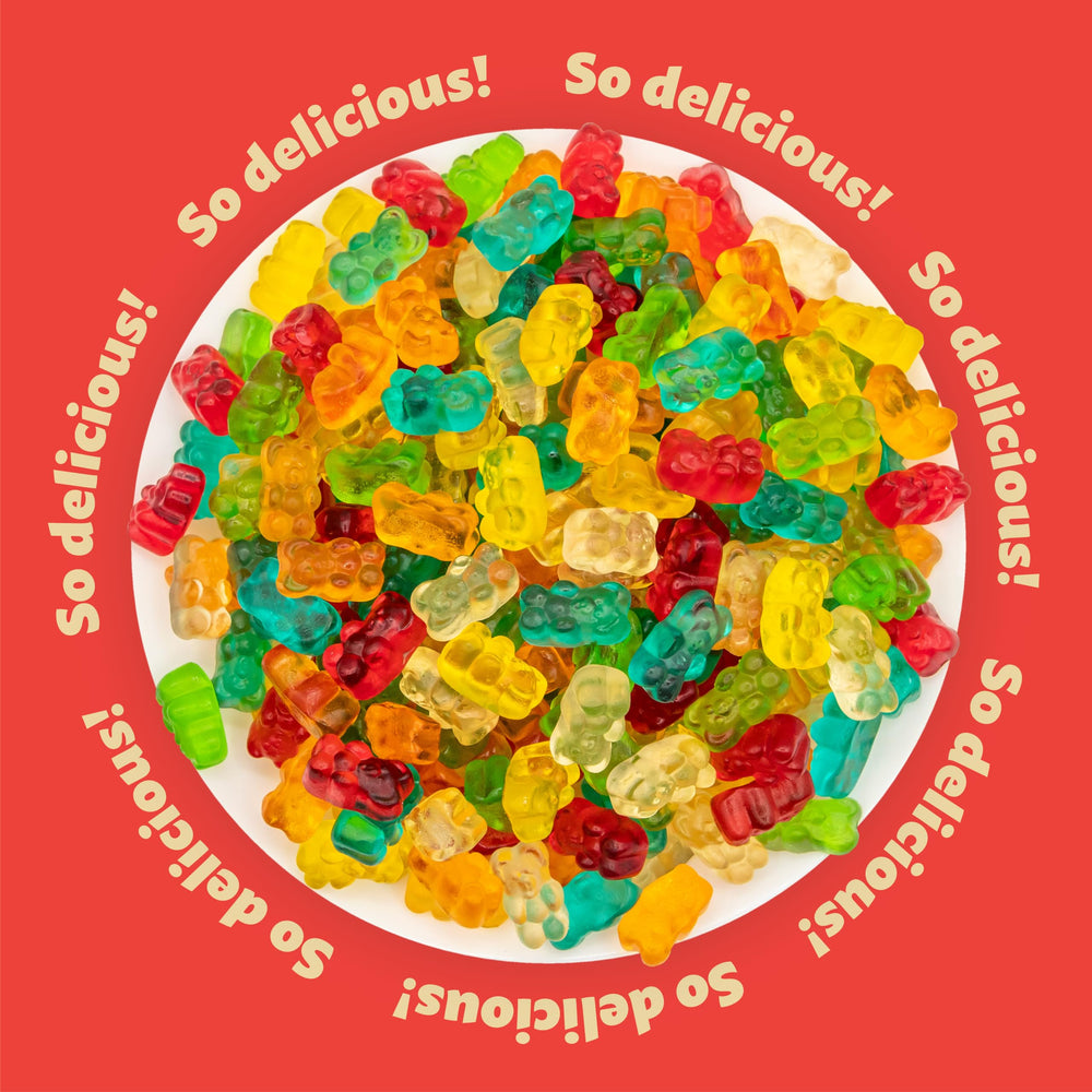 ILike Gummi Bears assorted flavors deliver strawberry, lemon, orange, apple, and pineapple.