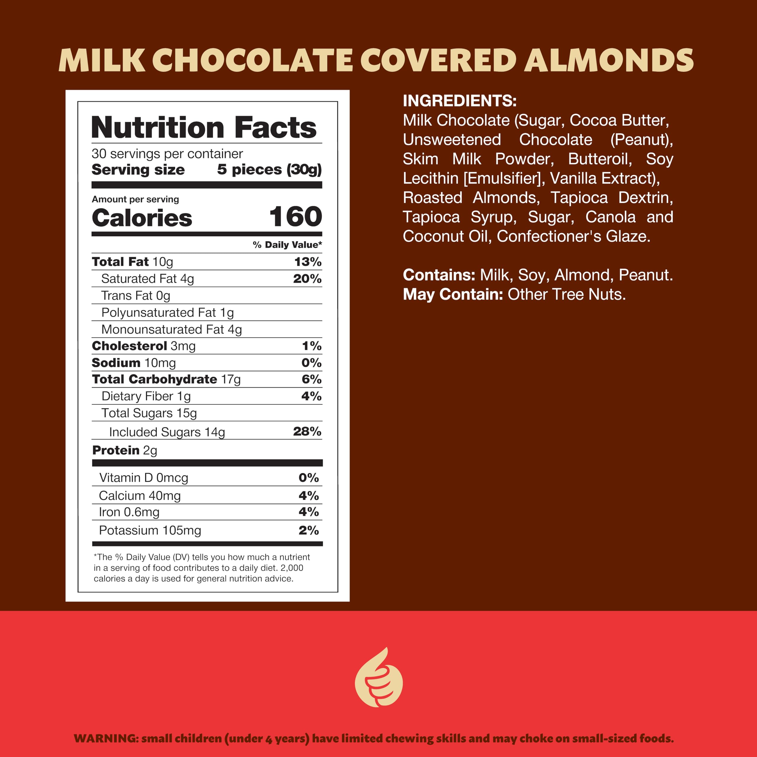 ILIKE! Close-up of milk chocolate coating on almonds for rich crunch.