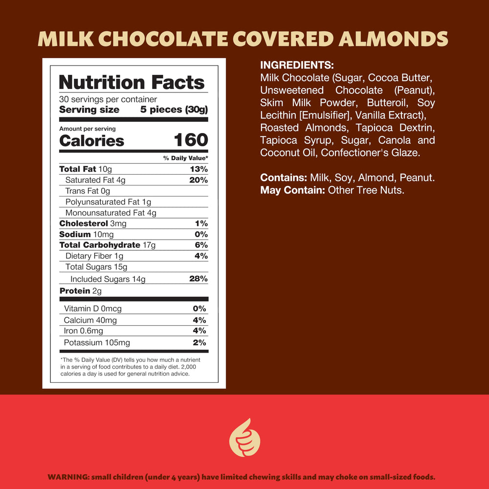 ILIKE! Close-up of milk chocolate coating on almonds for rich crunch.