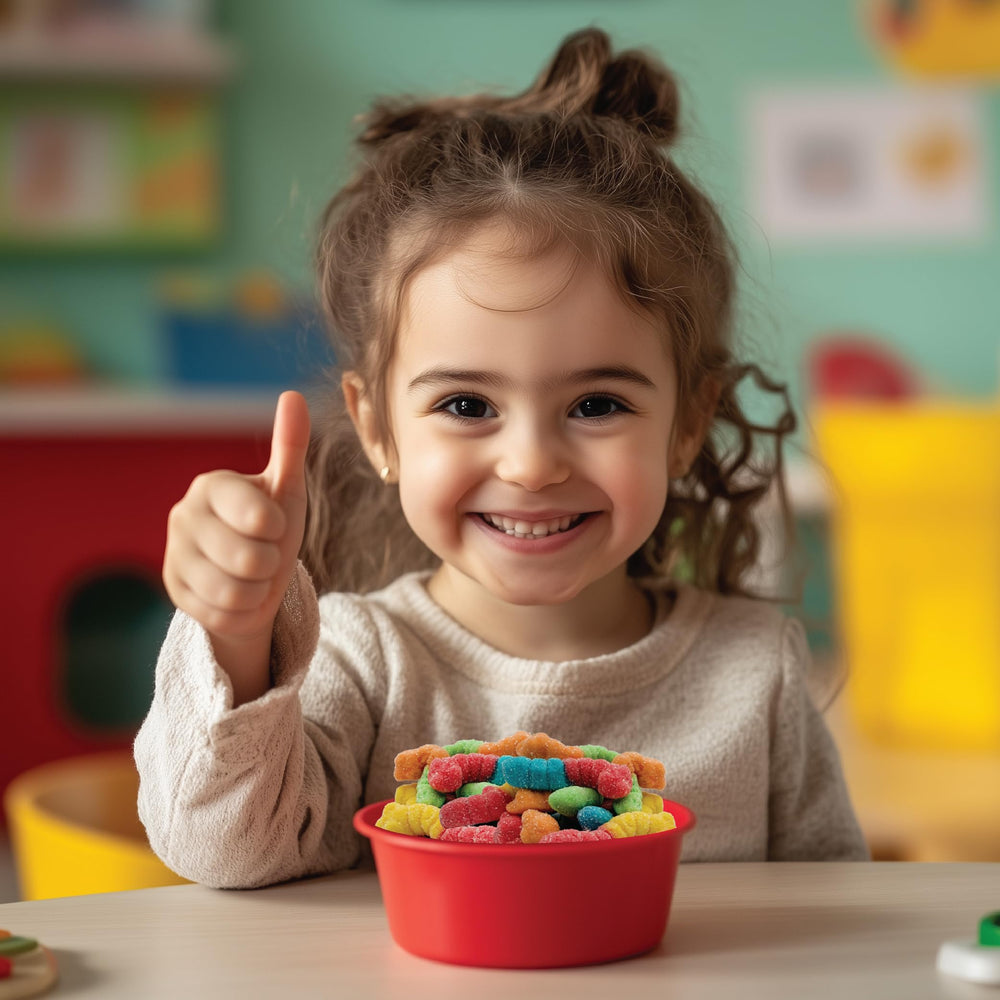 ILIKE! Neon Sour Gummy Worms during Easter buffets — bright colorful candy display.