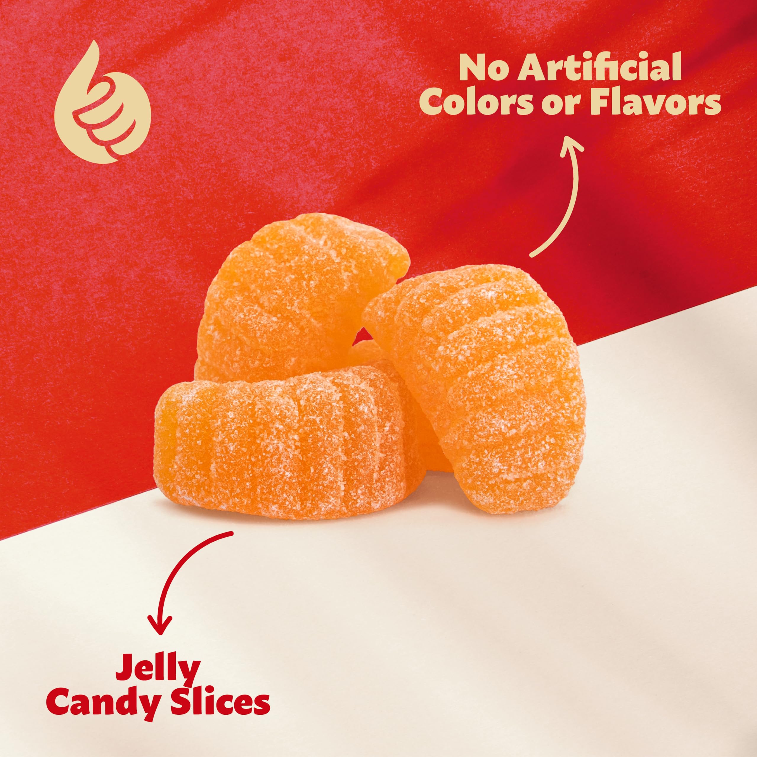 ILIKE! Vibrant orange slices illustrate dye-free form ideal for retro candy displays.