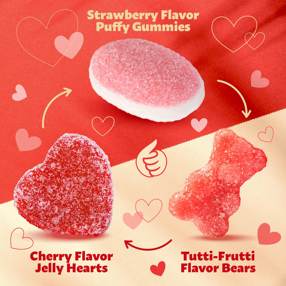 ILIKE! Puffy strawberry gummies with soft, chewy texture for desserts.