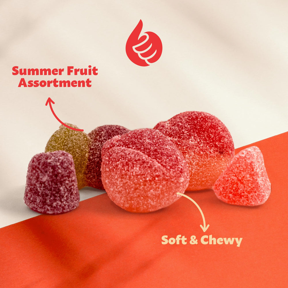 ILike! Sour Fruit Jelly Candy Mix peach gummies close-up highlighting natural flavor.