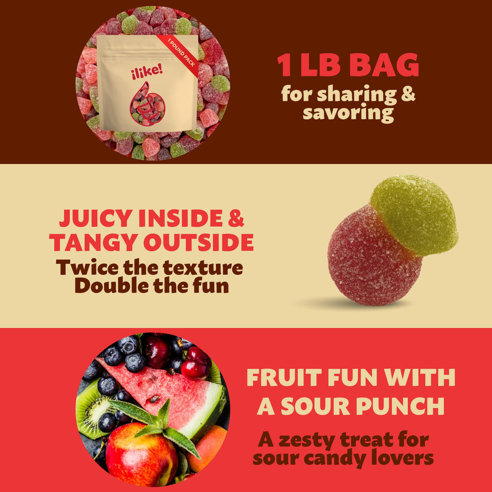 ILike! Sour Fruit Jelly Candy Mix vegan gummies emphasize plant-based texture.