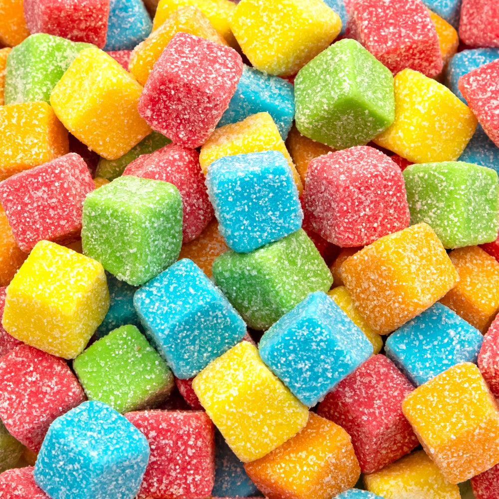 ILike Sour Gummy Blocks assorted fruit cubes in a 2-pound bag for party buffets.