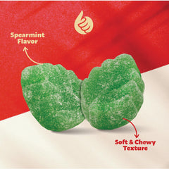Leaf-shaped spearmint jelly candies displayed on a candy table for events.