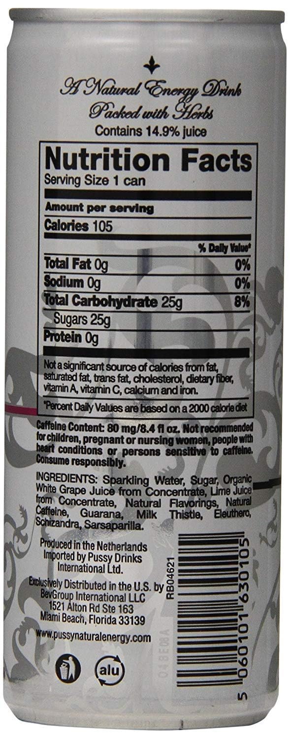 ILIOS Pussy's Natural Energy Drink bottle closeup highlighting clean label and natural ingredients.