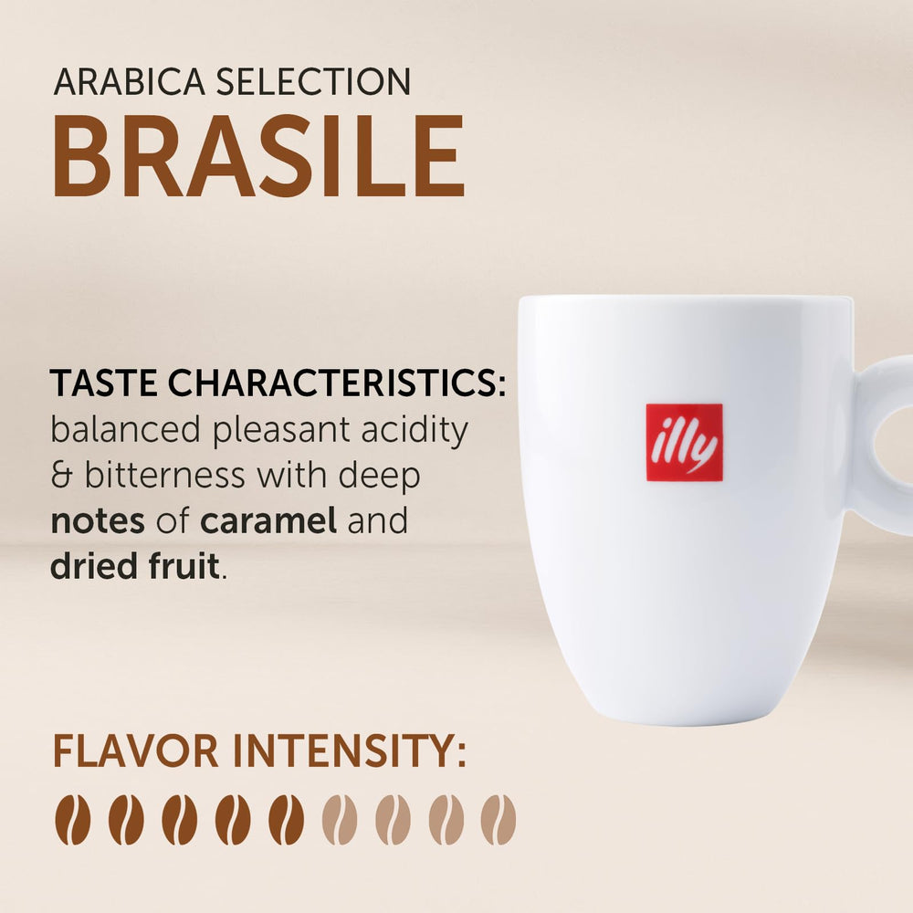 illy Arabica Selections Brasile beans closeup, highlighting carefully selected 1% Arabica with sustainability