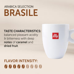 illy Arabica Selections Brasile beans closeup, highlighting carefully selected 1% Arabica with sustainability