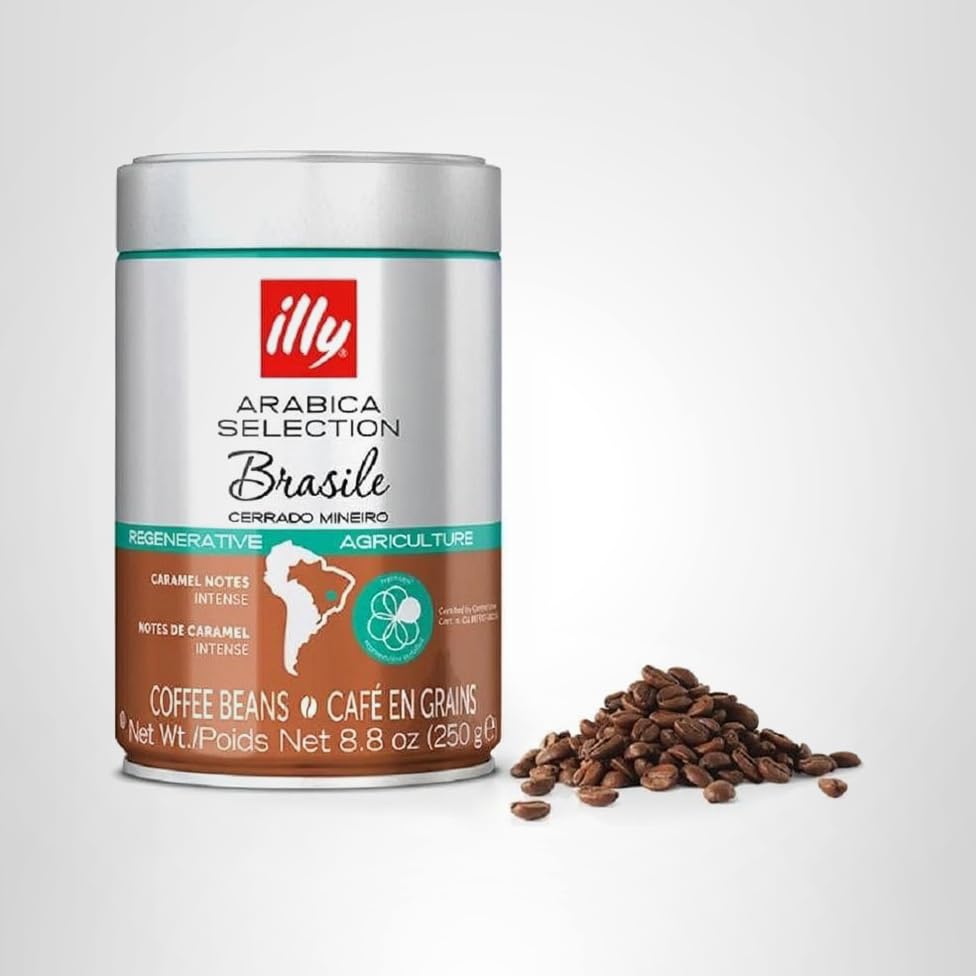 Grind-ready whole beans from illy Brasile for customizable grind and flavor