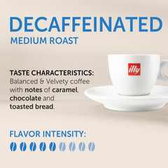 illy Classico Decaf pod close-up reveals caramel, bread, and chocolate notes for aroma.