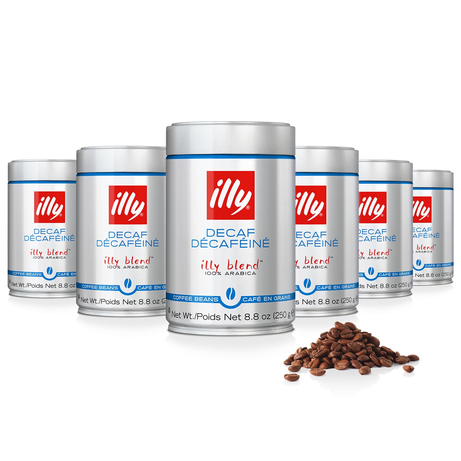 illy Classico Decaf whole bean 8-oz pack showing premium aroma for versatile brewing