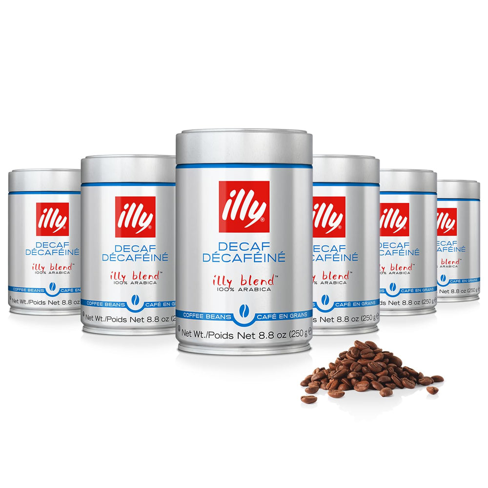 illy Classico Decaf whole bean 8-oz pack showing premium aroma for versatile brewing