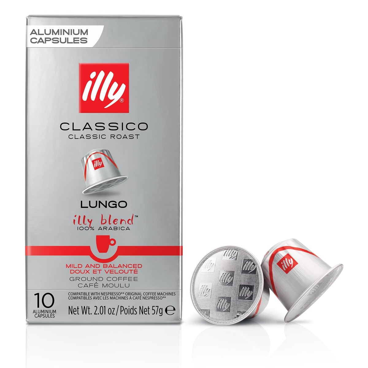 Illy Classico Lungo capsules pack shown for easy home espresso brewing.