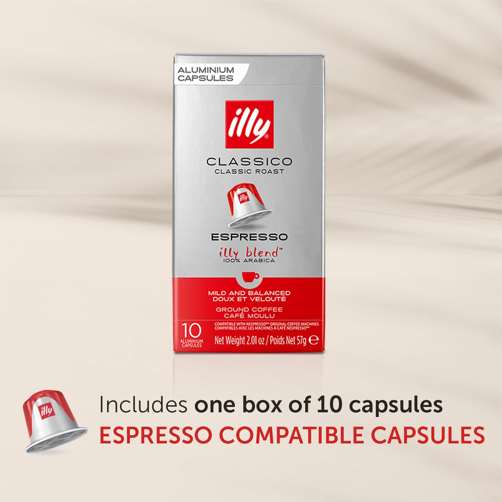 Illy Classico roast capsules cup image suggests a rich, balanced espresso at home.