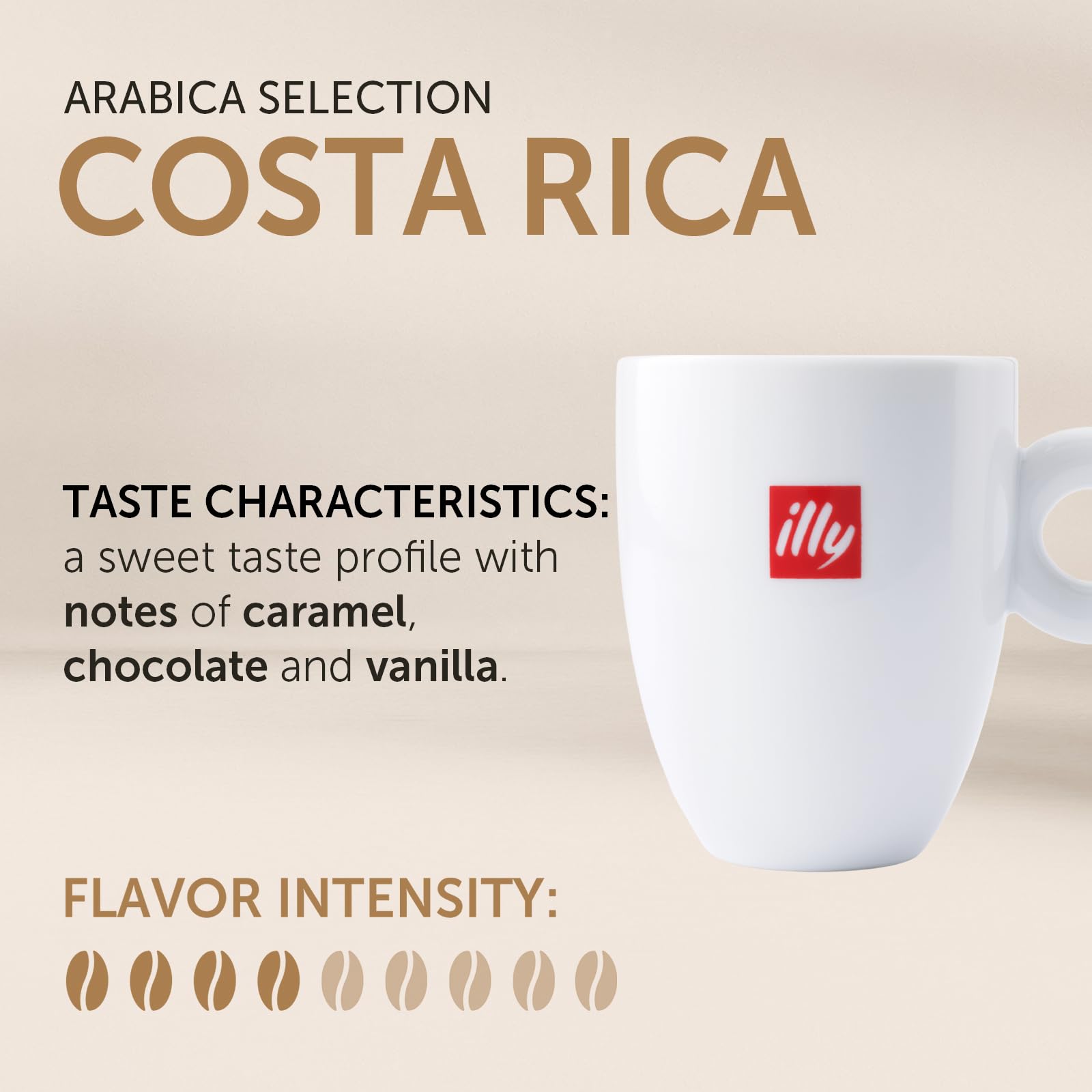 illy Costa Rica medium roast beans close-up showing rich color for quality extraction.