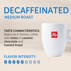 illy decaf aroma closeup beans, highlights quality Arabica and balanced profile