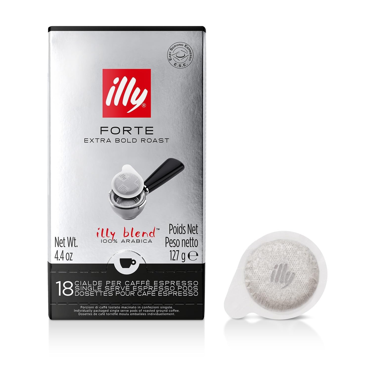 illy E.S.E Forte packshot showing convenient 18 count capsules for quick espresso