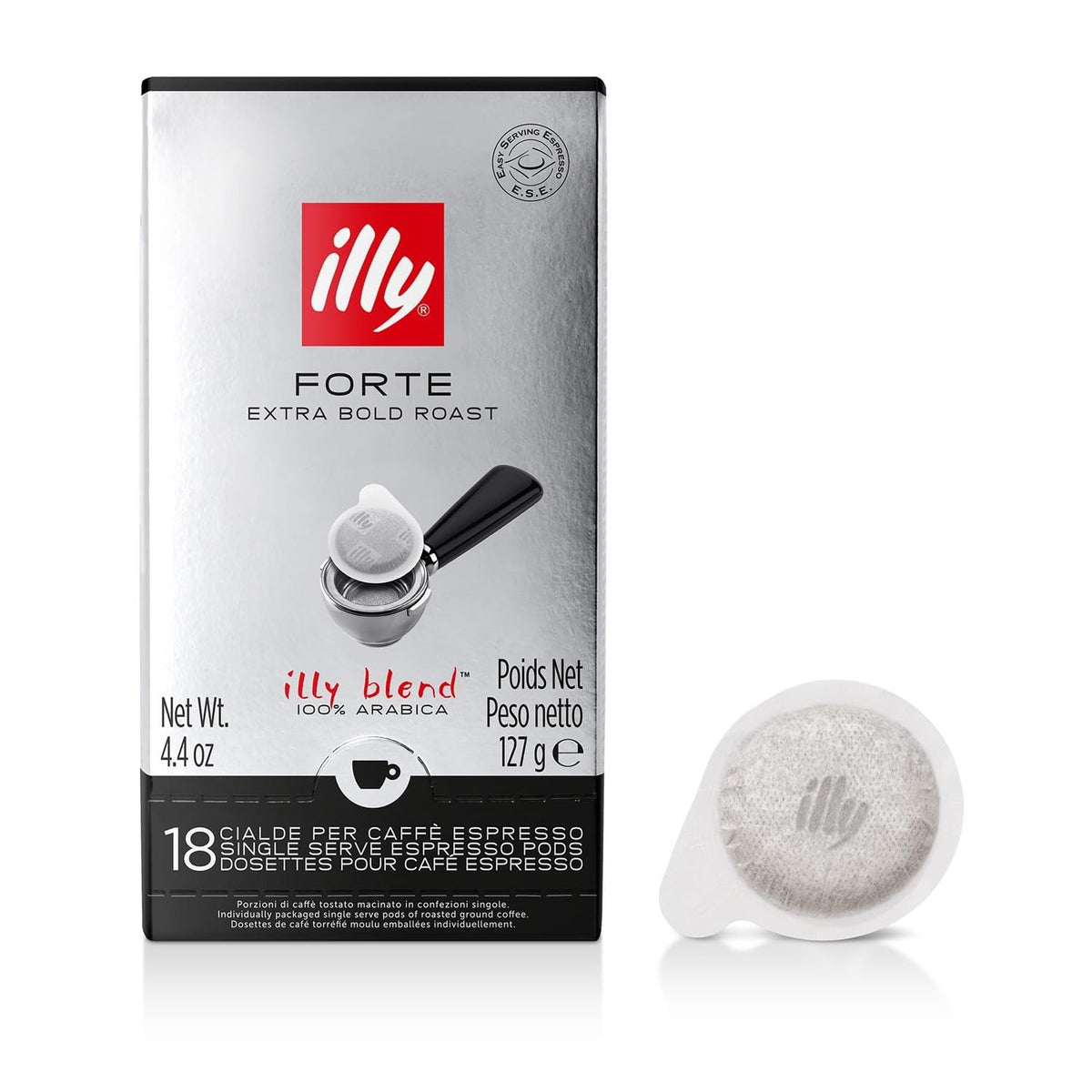 illy E.S.E Forte packshot showing convenient 18 count capsules for quick espresso