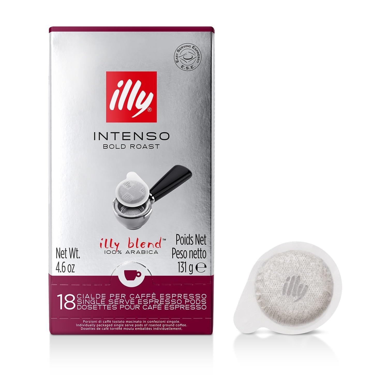 illy E.S.E. pods Intenso dark roast show cocoa and dried fruit notes for a quick, rich espresso.