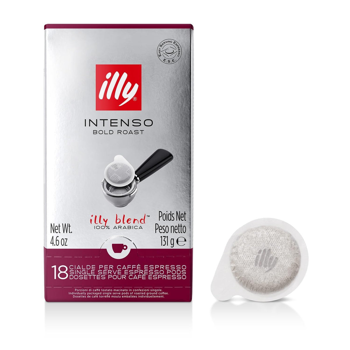 illy E.S.E. pods Intenso dark roast show cocoa and dried fruit notes for a quick, rich espresso.