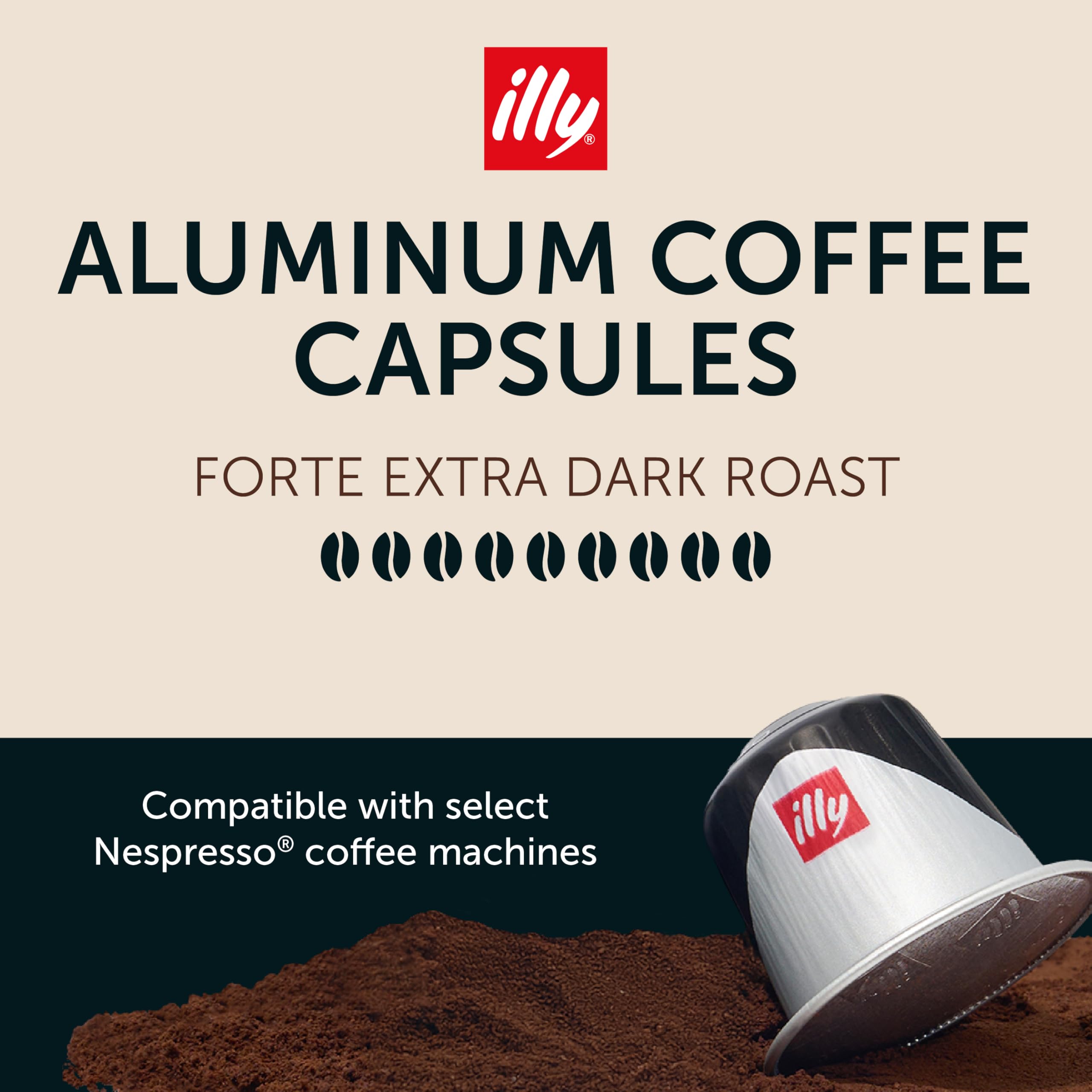 illy espresso forte dark roast capsules closeup shows uniform pods for consistent flavor.