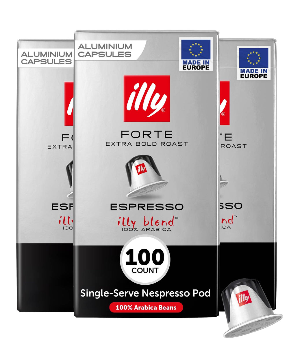 illy espresso forte dark roast capsules on pack front highlighting bold aroma.