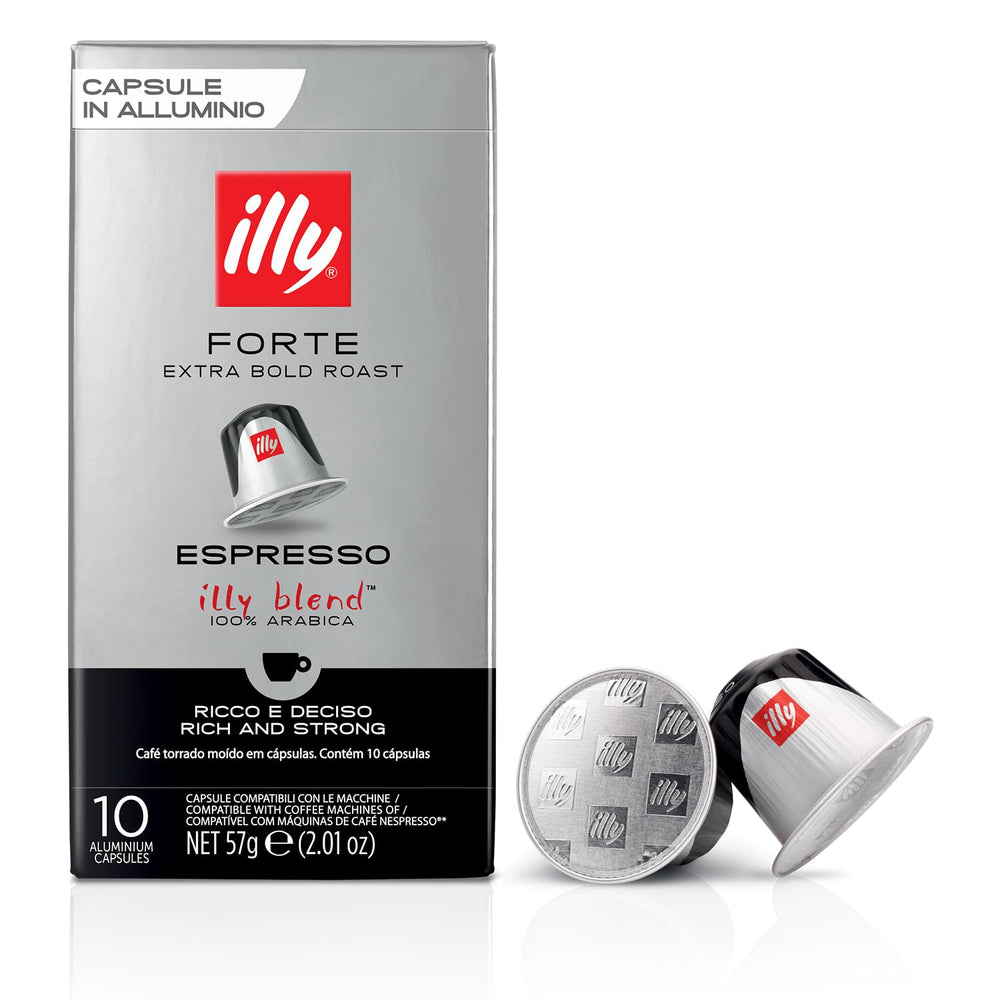 illy espresso capsules Forte Extra Bold Roast pack shot showing premium Italian coffee at home