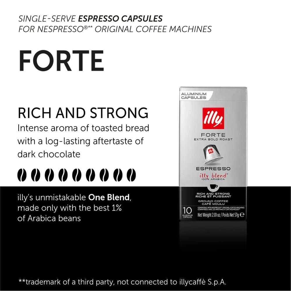 illy espresso capsules Forte Extra Bold Roast pour streaming into cup with crema